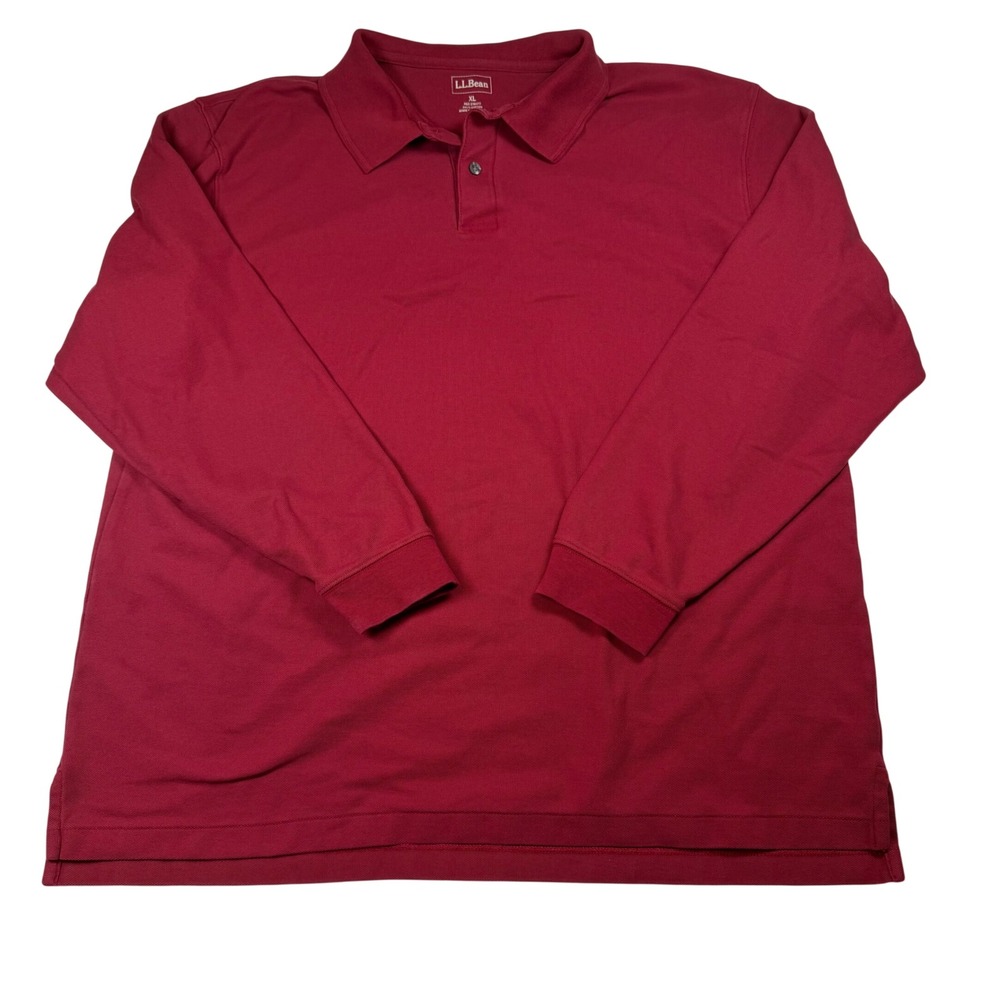 LL Bean Mens XL Long Sleeve Polo‎ Shirt Red Pique Cotton Casual 236477
